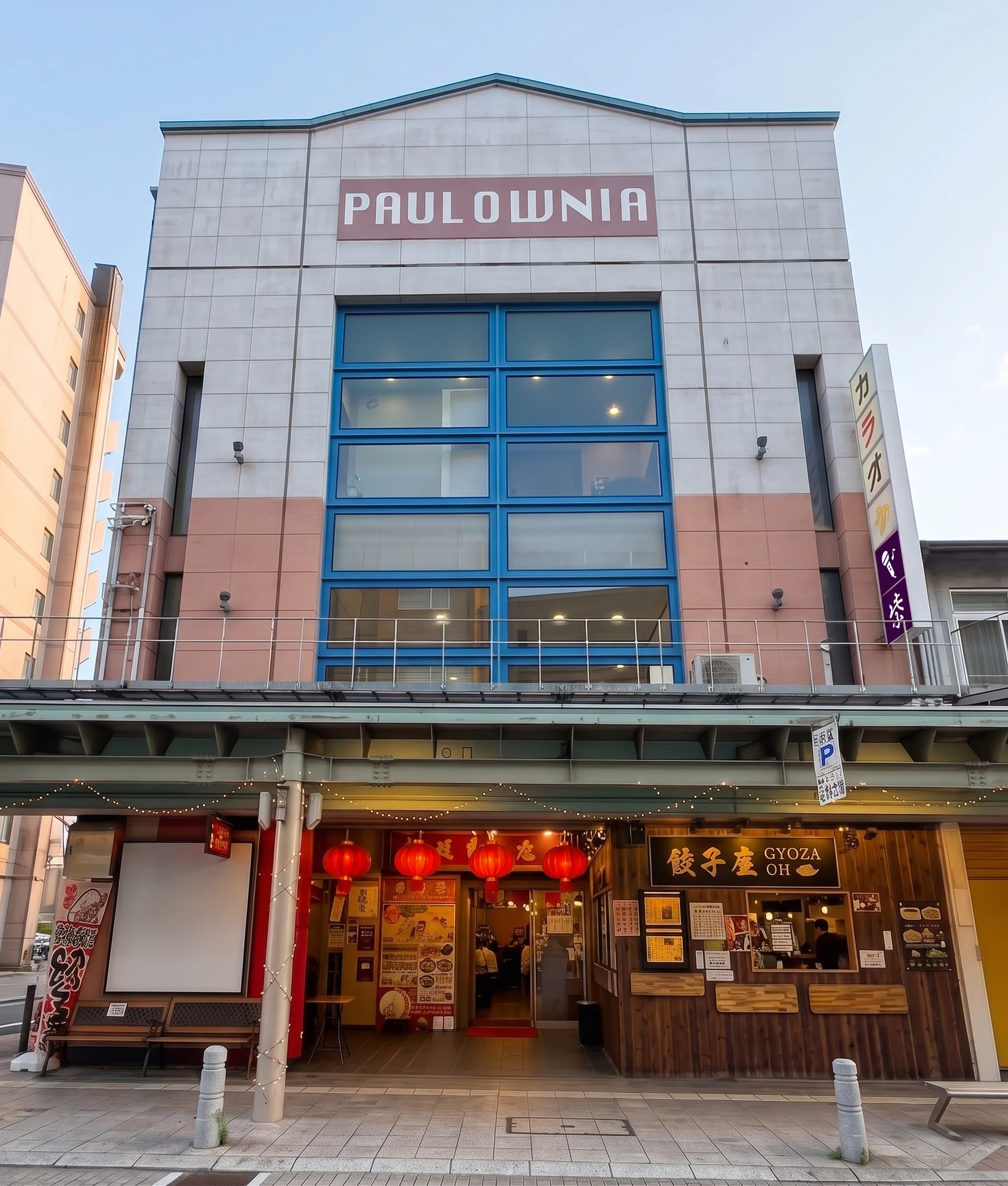 The Paulownia building that houses Karaoke Co Murasaki, with a vertical karaoke sign on the right and restaurants at street level